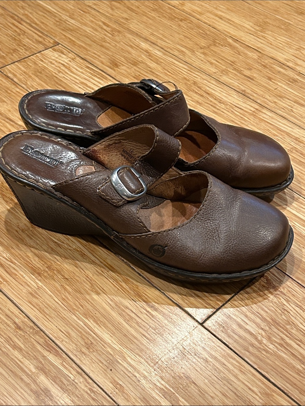 Børn Brown Leather Mary Jane Boho Wedge Clogs Women’s 10